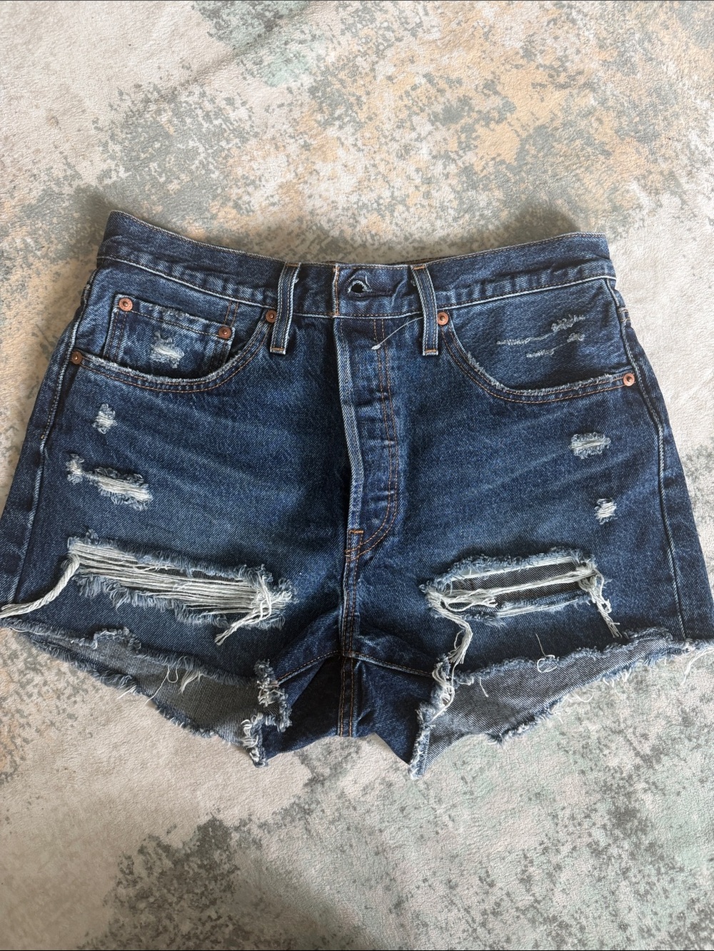High-Rise Distressed Dark Blue Denim Cutoff Shorts